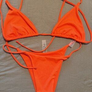 Neon Orange Ribbed String Bikini Set